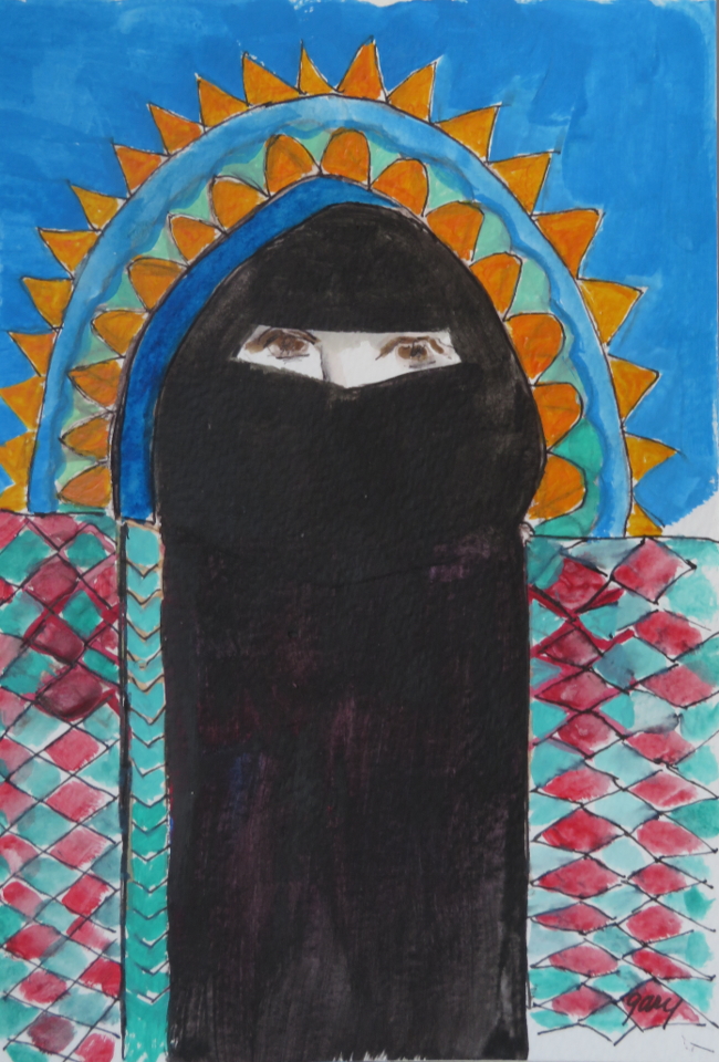 Woman in Hijab Arch, acrylics on paper, 13.5 x 21 cm/ 5.3 x 8.15"
